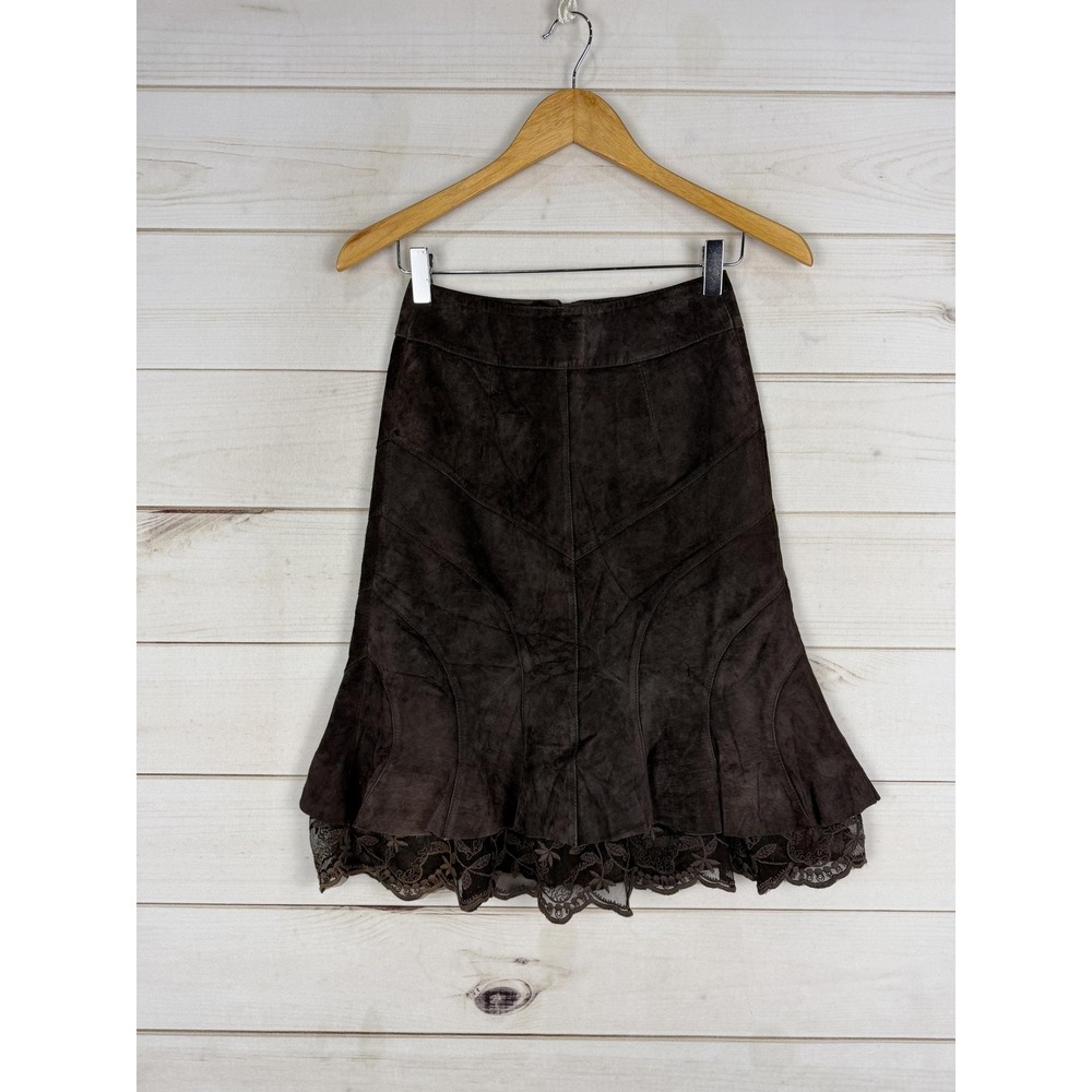 Tristan & Iseut Skirt Womens XS Brown Leather Trumpet Lace Hem Lined Knee